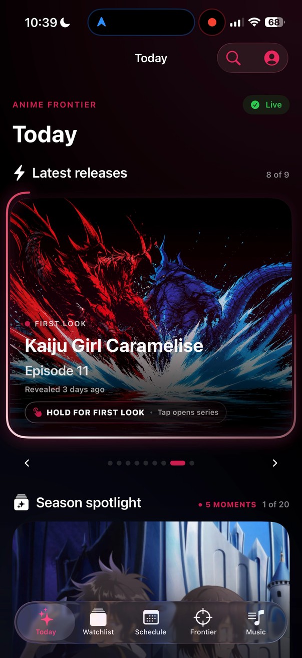 Today: the Kaiju Girl Caramelise First Look card mid-strike, the color drawing over the official cut